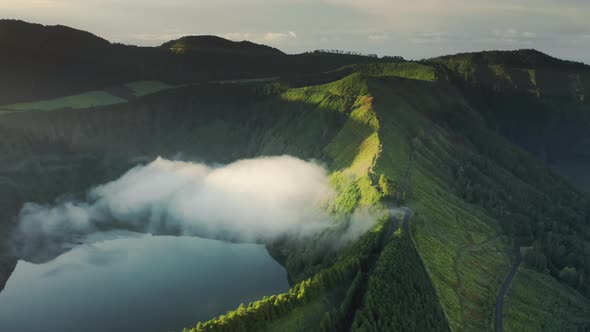 Sun Lights Falling on Lake Azul in Volcanic Crater Sao Miguel Island Azores