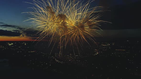 Aerial Colorful Fireworks in Night City Sky Bright Holidays Celebrate New Year