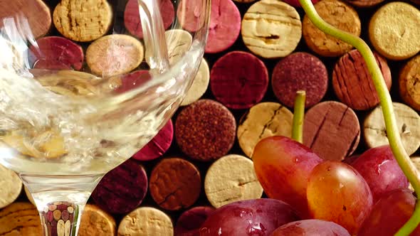 Pouring wine into a glass against the background of wine corks.