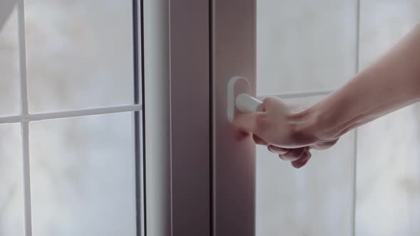 Man Hand Closed Open Window White Plastic Pvc.Hands Opening Plastic Windows In Morning For Fresh Air