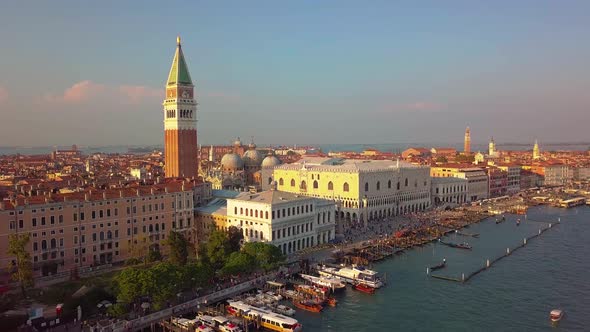 Aerial View of Venice, St Mark's Square. Scenic Video Taken at Sunrise. San Marco Square in Venice