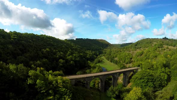 Aerial view, footage of Headstone Viaduct in Bakewell, Derbyshire, the Peak District National Park,