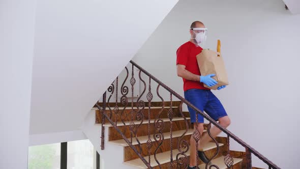 Food Courier with Mask Delivering Food Package