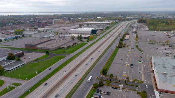 4K camera drone view of the construction site of the REM (Metropolitan Express Network) in Montreal.