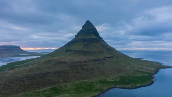 Kirkjufell Mountain in Summer Evening. Iceland. Aerial View