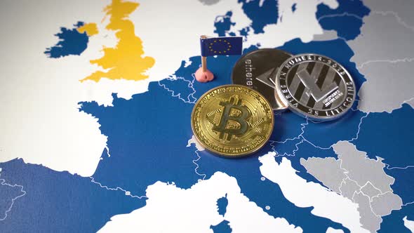 Financial Concept with Golden Bitcoin Litecoin and Ethereum Over and EU Map