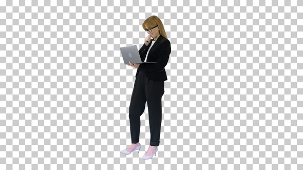 Business woman working on laptop smiling, Alpha Channel