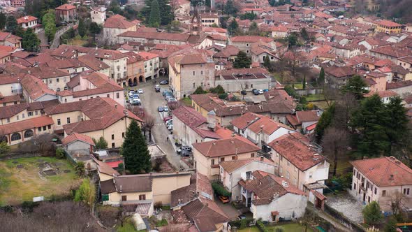 Top view of the medieval historic center of Avigliana in the province of Turin at late afternoon.