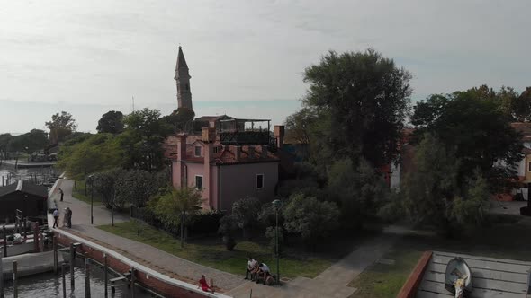 Aerial view of panorama of painted house facades of Burano island a province of Venice in Italy in a