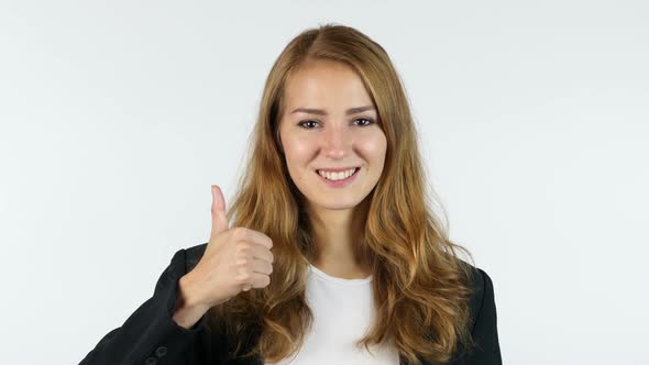 Businesswoman Showing Thumbs Up , Portrait, White background