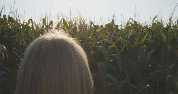 Slow motion shot of blonde woman standing in front of corn field and enjoys the sun