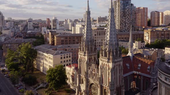 Aerial City Scape View with Ancient Catholic Church