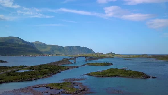 Aerial View of Scenic Road on Lofoten Islands in Norway with Bridge Connecting Islands