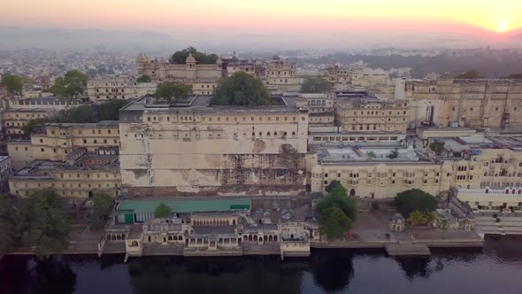 Aerial view Drone 4k of Lake Pichola And City Palace, Udaipur