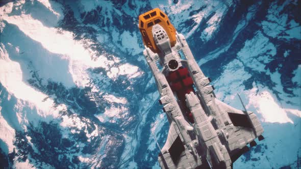 3D Illustration of a Spaceship in Orbit Around Planet Earth alt