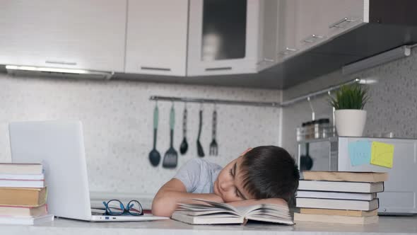 Tired Schoolboy Fell Asleep Doing Homework Sitting at a Desk Next To a Laptop and Textbooks. Left