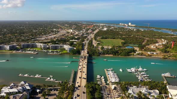 Aerial Video Us1 Draw Bridge Jupiter Florida Inlet Scene