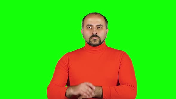 Caucasian Man Thinks Hard Next an Idea Comes To Him. Green Screen. Slow Motion