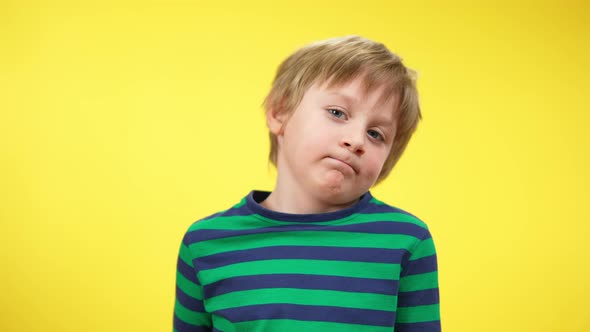 Portrait of Uncertain Cute Caucasian Boy Shrugging Shoulders Looking at Camera