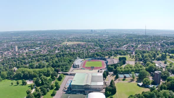 Circling drone shot of Crystal Palace National sports centre