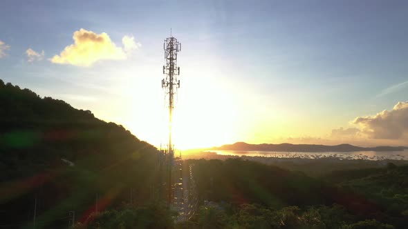 Aerial View The Morning Flare Sun Shines On The Telephone Pole