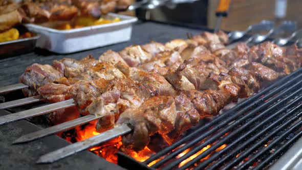 Meat Grilled on Skewers on the Grill on the Street Market