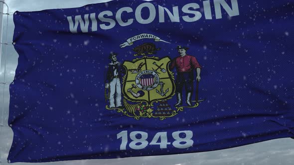 Wisconsin Winter Flag with Snowflakes Background