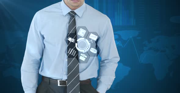 Businessman using digital interface screen with icons