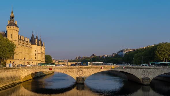 Sunny beginning of Day in Paris Center, Notre-Dame District, Seine River and Stone Bridges, Traffic