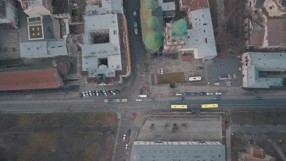 Aerial Overhead Car Traffic, Rush Hour, Old City Lviv, Ukraine