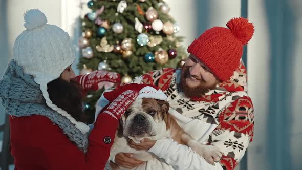 Couple And Their Dog in Santa Cap Spend Time Together Kissing and Hugging at Xmas Eve. Winter