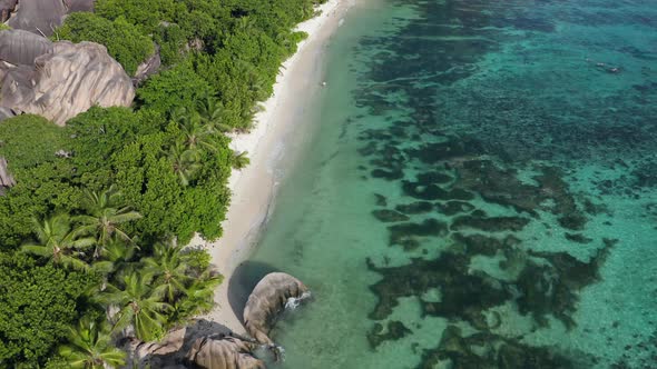 Aerial view of beach Anse Source d'Argent, La Digue Island, Seychelles