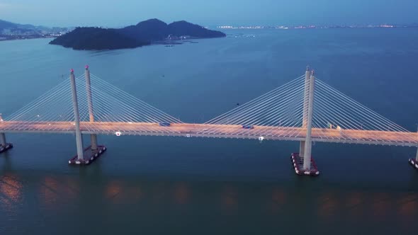 Aerial view ascending look down Penang Second Bridge