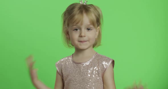 Girl in Glossy Dress Dancing. Happy Four Years Old Child. Chroma Key