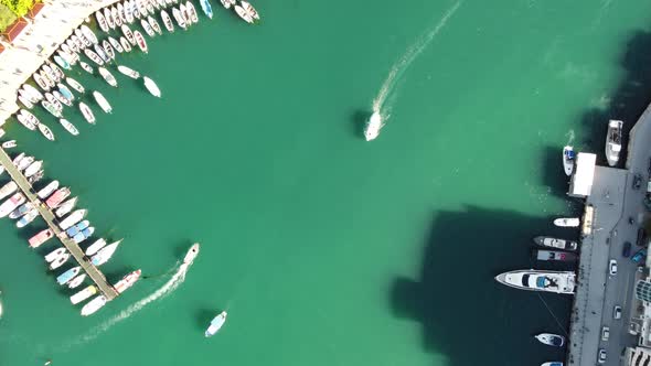 Aerial Panoramic View of Balaklava Landscape with Boats and Sea in Marina Bay on Sunny Day