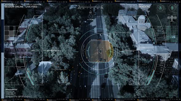 View from the Top Via Drone. Suspicious Vehicle Detected.Top Secret Mission. UI alt