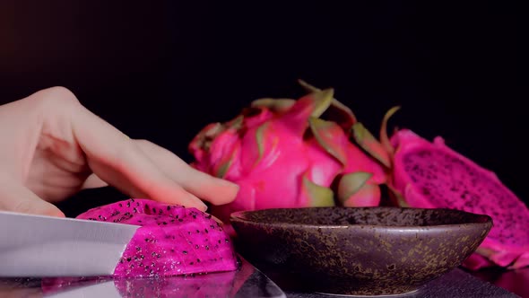 Cutting a Juicy Fresh Pitahaya Dragon Fruit