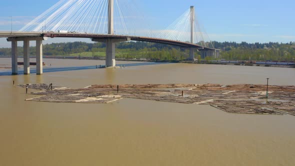 Stunning aerial reveal of the Port Mann Bridge connecting Coquitlam and Surrey in Greater Vancouver.