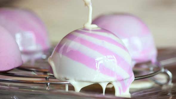 Glazing of French Mousse Cake Close Up