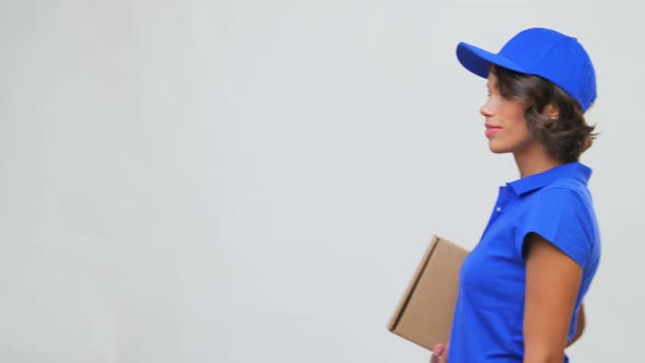 Happy Delivery Girl with Parcel Box in Blue