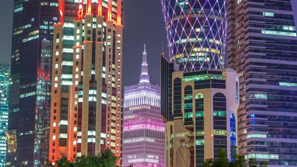 The Skyline of Doha By Night with Starry Sky Seen From Park Timelapse Qatar