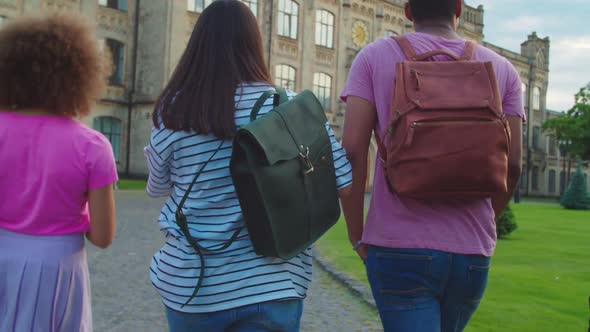 Rear View of Cheerful Students Walking Toward to Building at Sunset