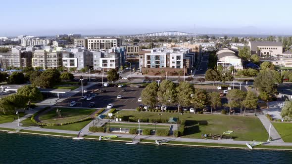 AERIAL: drone, foster city lagoon, flying forward view