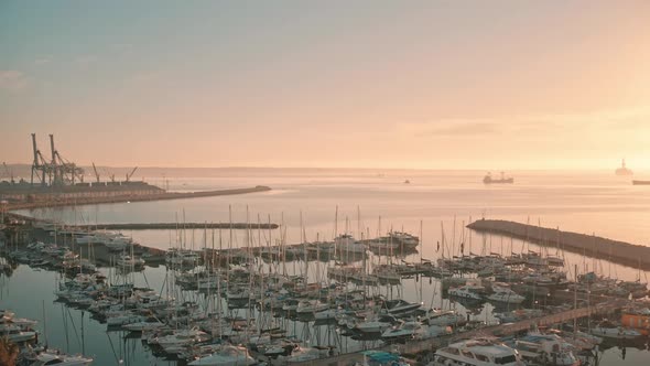 Pink Sunset Marina Yacht Port Aerial View