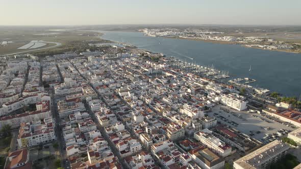 Aerial Flying Over Vila Real De Santo Antonio City Beside The Guadiana River,  separating Extremadur