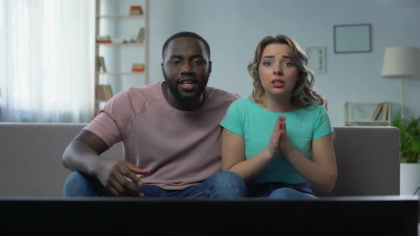 Couple Watching Sports Match on Tv Home, Celebrating Victory, Successful Game