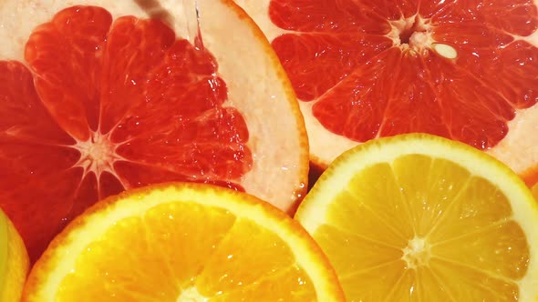 Slices of lemon, orange and grapefruit in a stream of water. Slow motion.