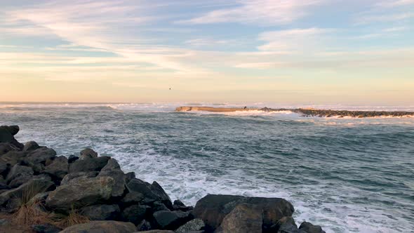 The Coquille River bar in Bandon at the Southern Oregon coast where the river meets the Pacific Ocea