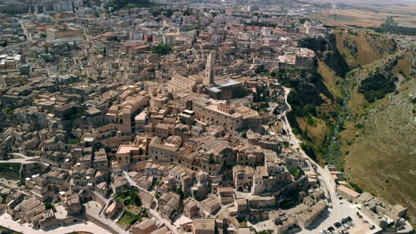 Aerial View of Ancient Town of Matera Circling Around City, Italy