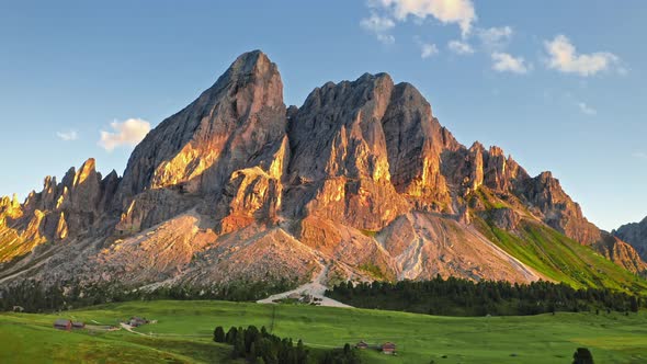 Areal view of Passo delle Erbe in Dolomites at sunset